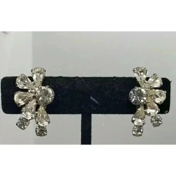Vintage Earrings Clear Rhinestone Clip Clear Half Flower Star Bride Statement - Picture 3 of 10